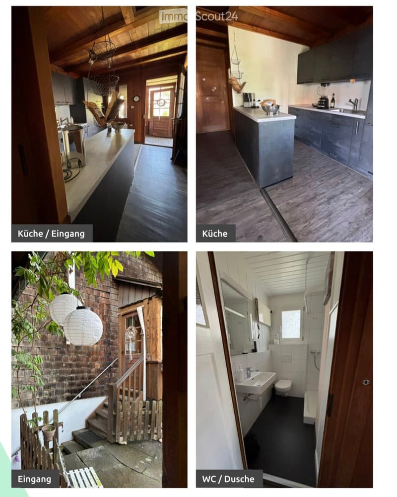 Four images showing a modern house interior: kitchen with wooden beams and stainless steel appliances, another kitchen with grey cabinets and wooden flooring, entrance with wooden staircase and hanging lanterns, and a bathroom with white tiles and modern