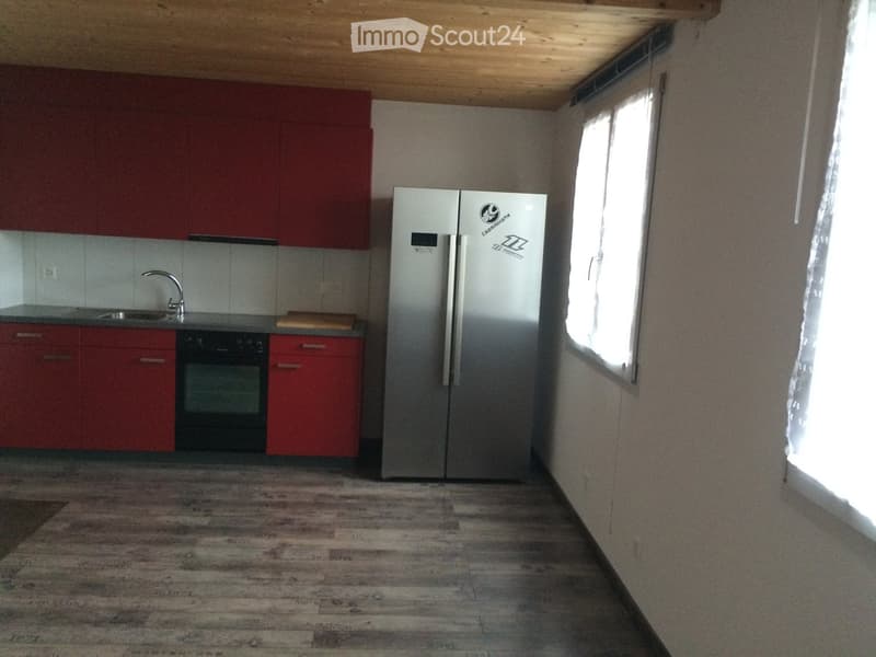 Modern kitchen with red cabinets, stainless steel refrigerator, sink, and oven. Wooden flooring and large window provide natural light.