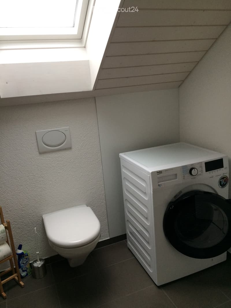Bathroom with a toilet, washing machine, toilet brush, and a bottle on the floor.