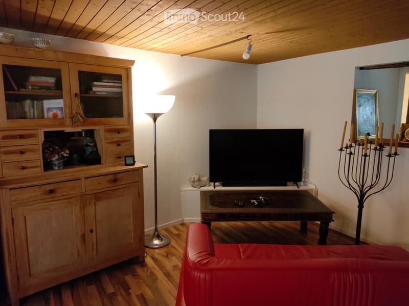 A cozy living room with a red leather sofa, a wooden cabinet, a television on a stand, a floor lamp, and a candle holder near the window.