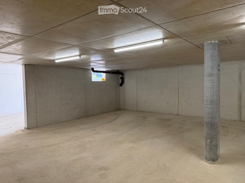 Empty underground parking space with concrete walls, a single support column, and fluorescent lighting.