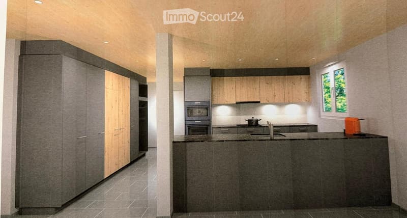 Modern kitchen with grey and wooden cabinets, a central island, and built-in appliances including an oven and sink.