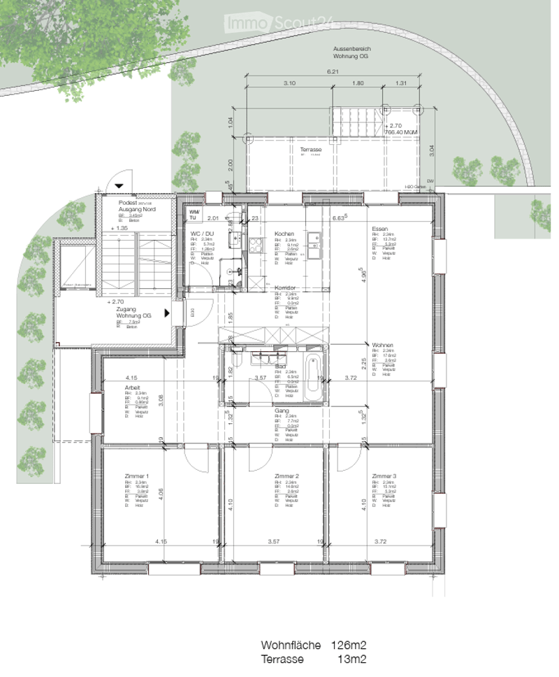 Floor plan of a 126m² living space with a 13m² terrace, including rooms labeled: Wohnzimmer (living room), Essen (dining), Schlafzimmer (bedroom), Badezimmer (bathroom), and additional spaces such as a Kommode (wardrobe), Gang (hallway), and Terrasse (ter