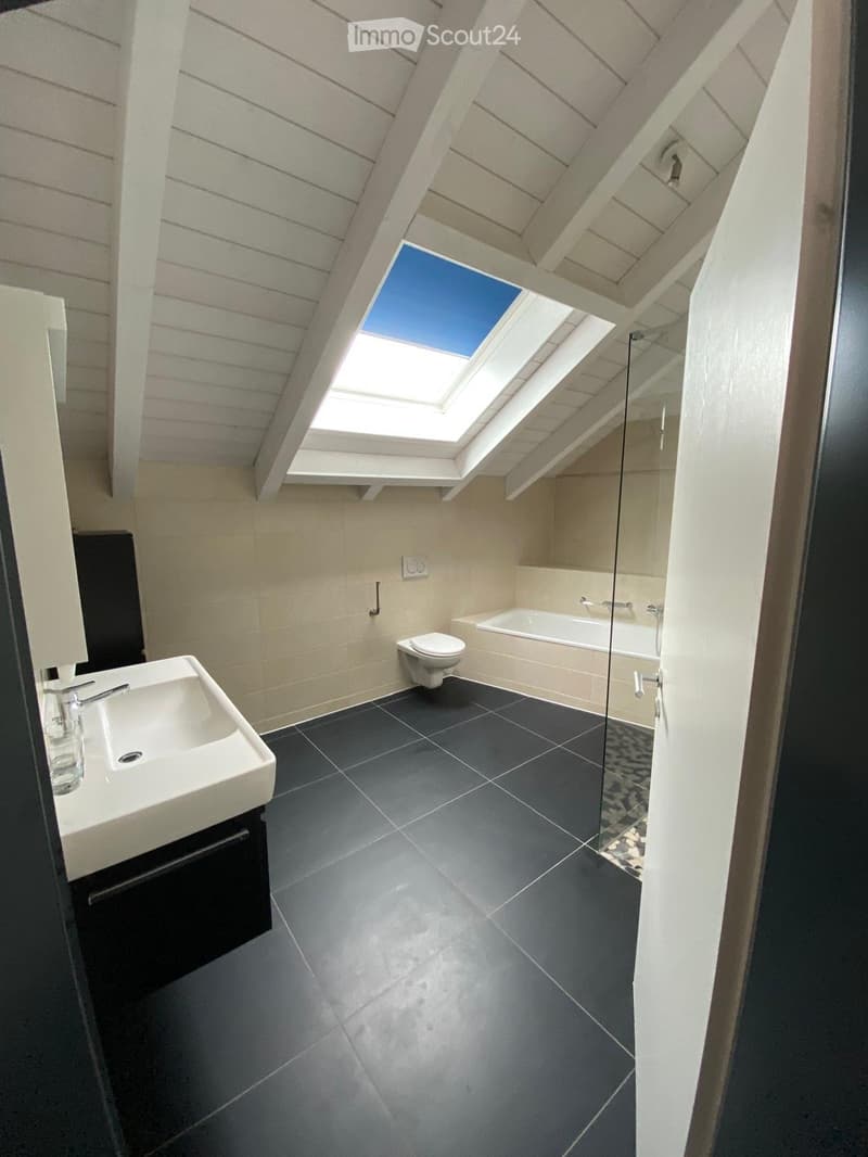 Modern bathroom with dark grey tiles, white sink, toilet, bathtub, and skylight window.