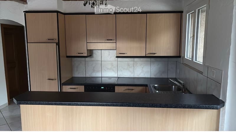 Modern kitchen with light wood cabinets, black countertop, stainless steel sink, and built-in appliances.