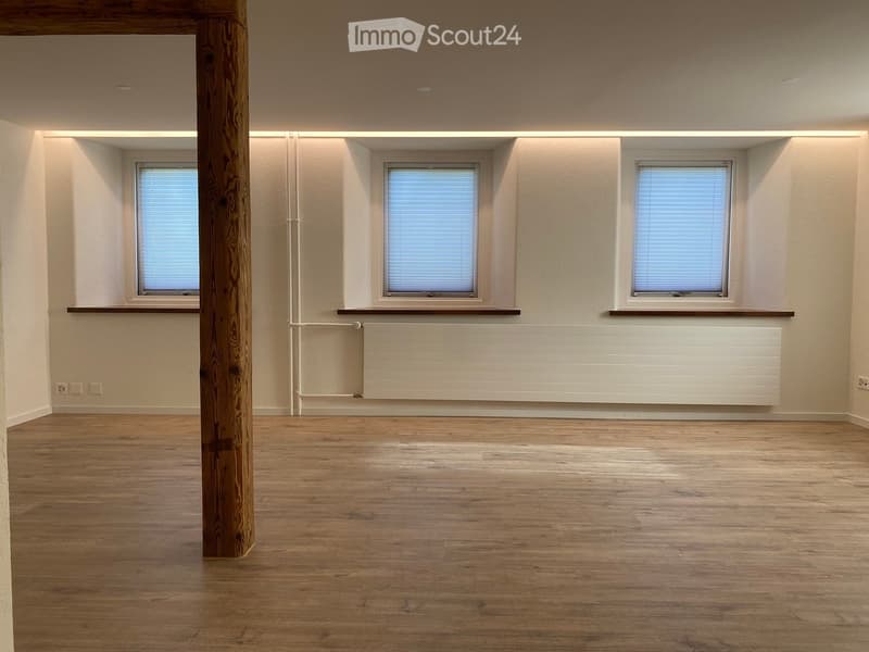 Empty room with wooden flooring, white walls, three windows with blinds, and a white radiator below the center window.