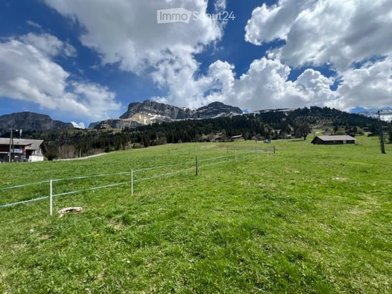 Green meadow with a fence, surrounded by trees and mountains under a partly cloudy sky.