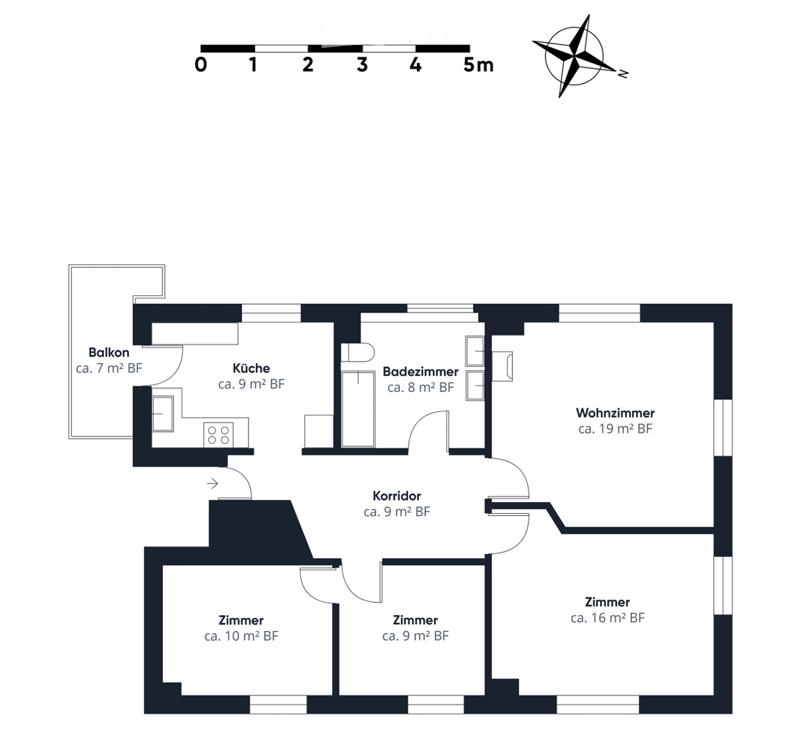 Floor plan of a 2-room apartment with a kitchen, bathroom, living room, two bedrooms, and a balcony.