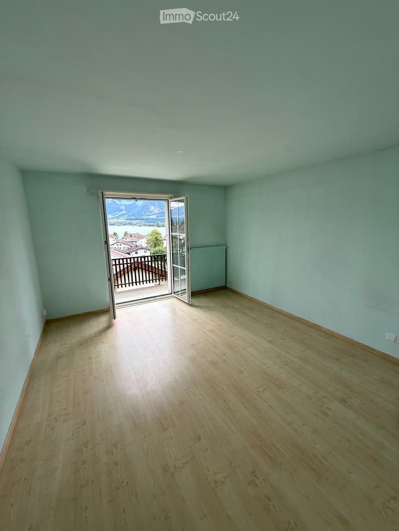 Empty room with light green walls, wooden floor, and a sliding glass door leading to a balcony with a scenic mountain view.
