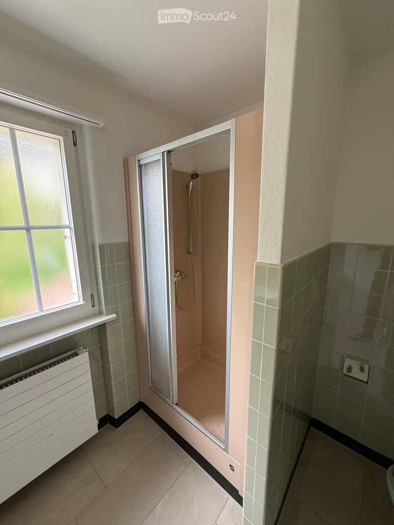 Modern bathroom with a glass-enclosed shower, tiled walls, and a radiator under the window.