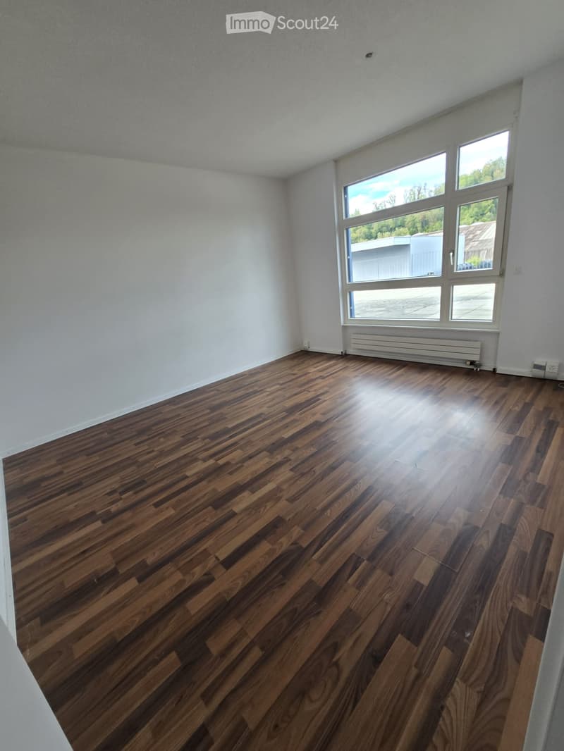 Empty room with wooden flooring and large windows, featuring white walls and a radiator under the windows.