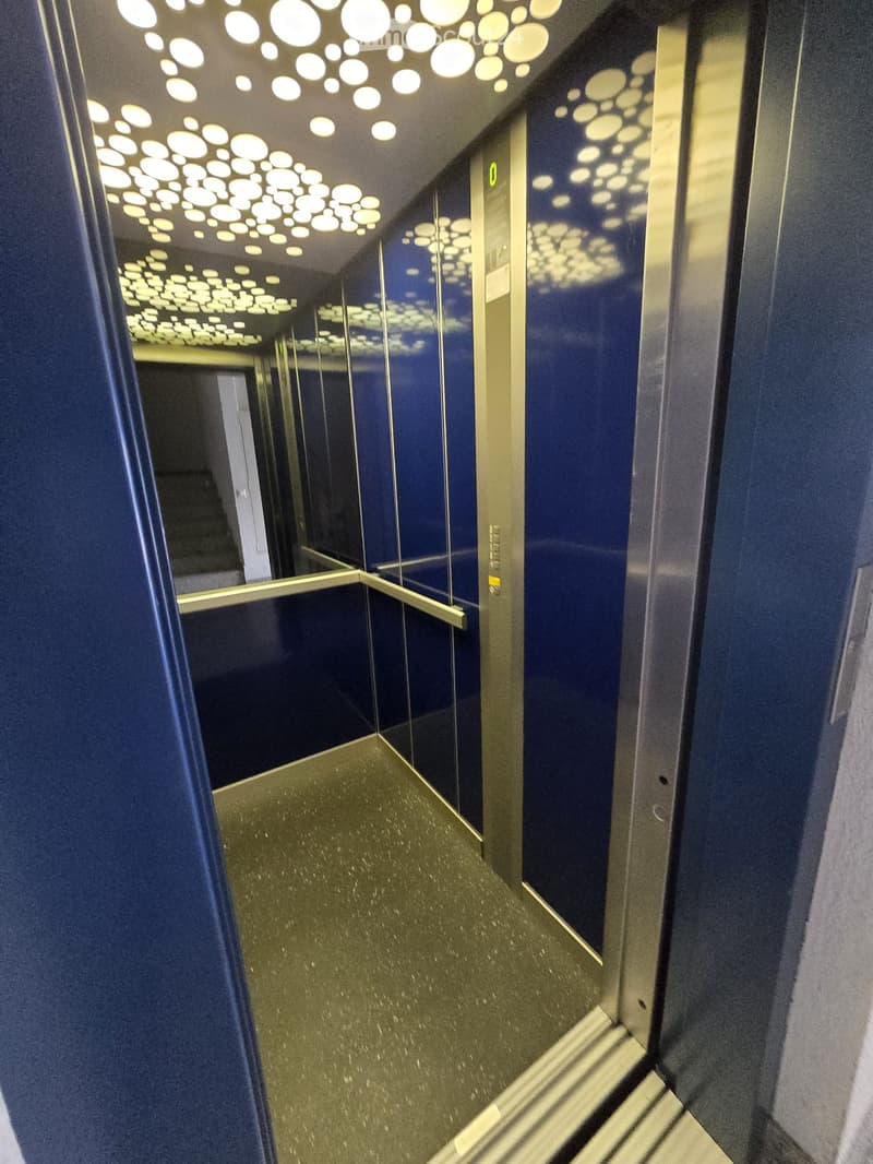 Modern hallway with dark blue walls, reflective surfaces, and a ceiling with circular light fixtures.