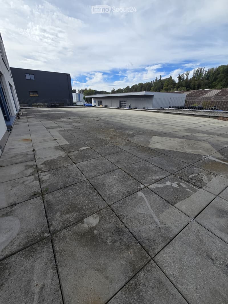 Empty concrete rooftop area with tiled surface, surrounded by buildings and greenery in the background.