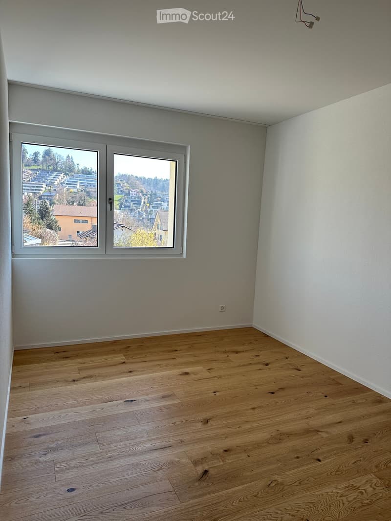 empty room, white walls, wooden floor, large window, power outlet