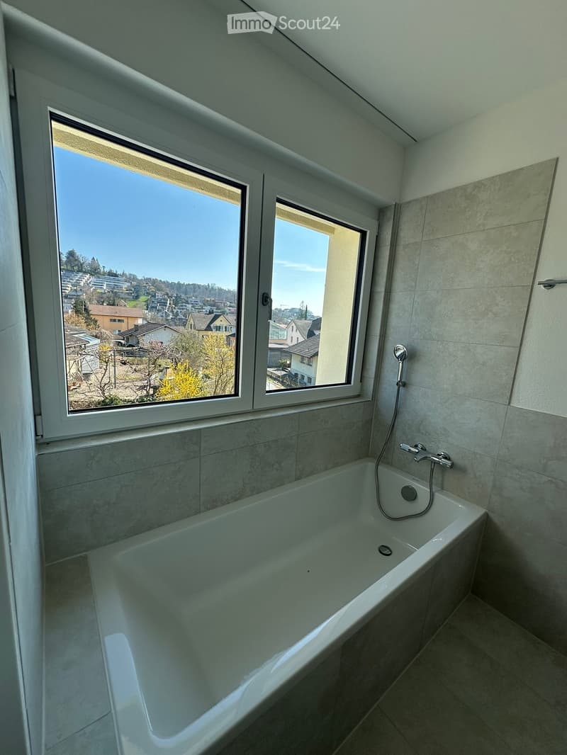 Bathtub, shower, large windows, tiled floor, tiled walls