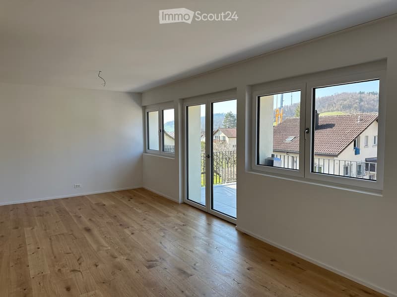 empty room, wooden floor, white walls, sliding glass doors, balcony, large windows, view of the outside