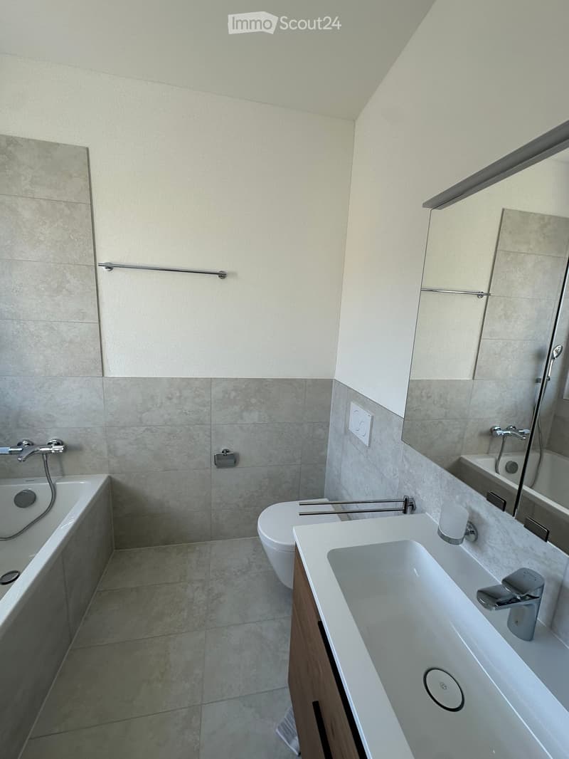 modern bathroom with bathtub, toilet, sink, mirror, and tiled walls