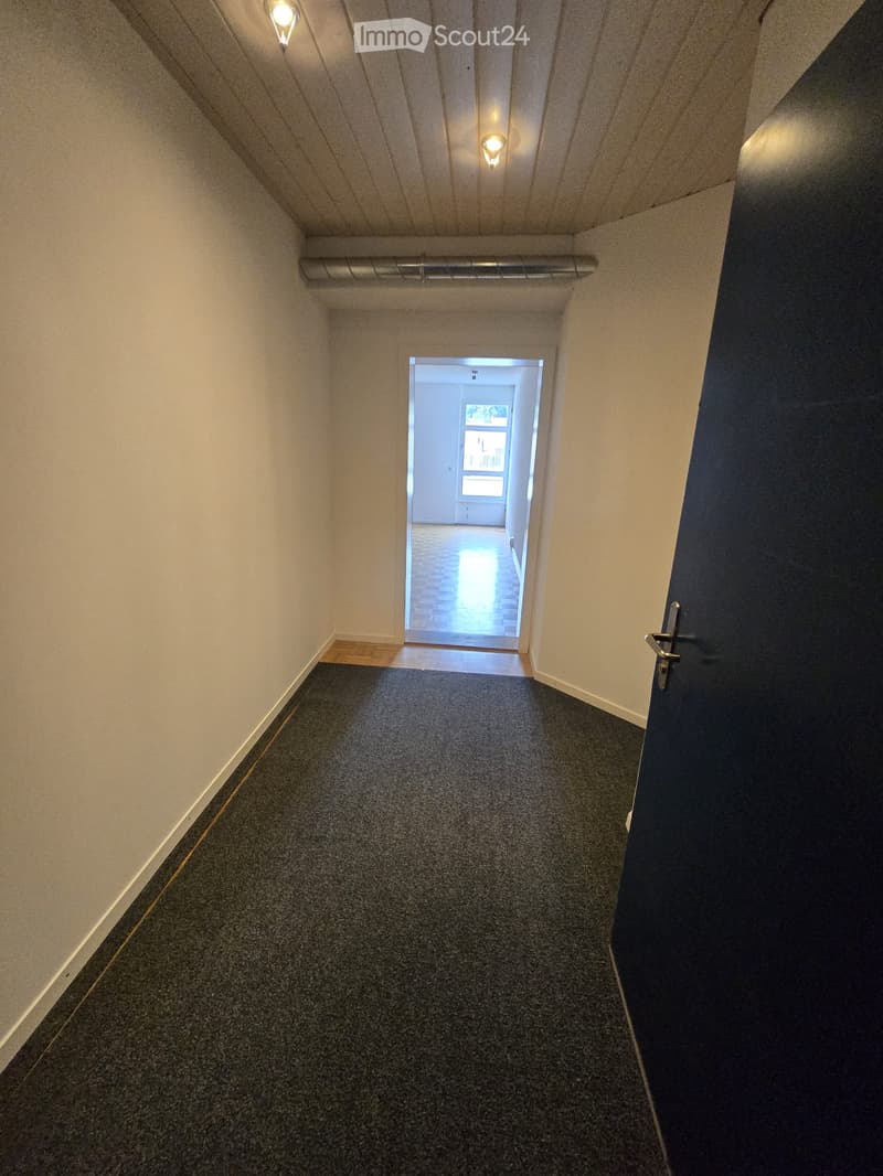 A narrow, carpeted hallway with light-colored walls, a wooden baseboard, and a closed door on the right. Natural light streams in from an open doorway at the end, revealing a glimpse of another room with a window and a tiled floor.