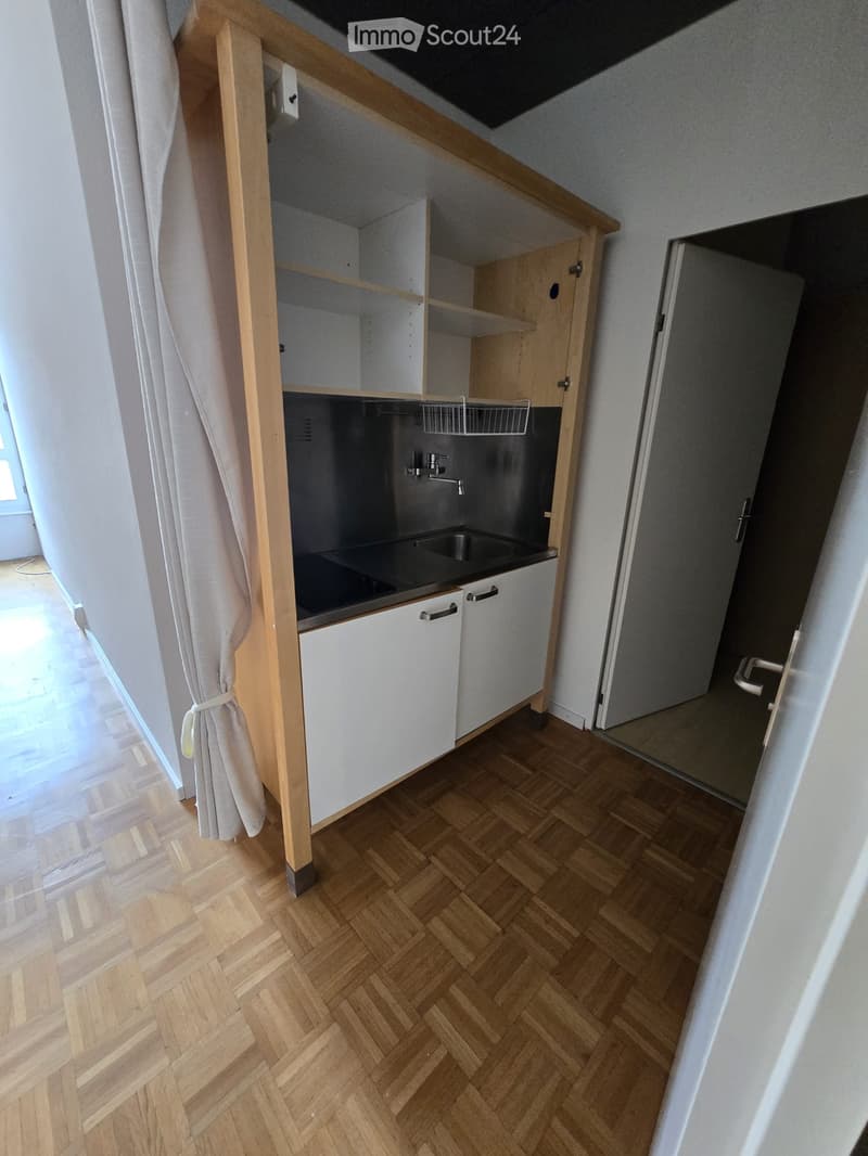 Empty kitchen area with wooden herringbone flooring, white cabinets, and a sink. No appliances or furniture are present.