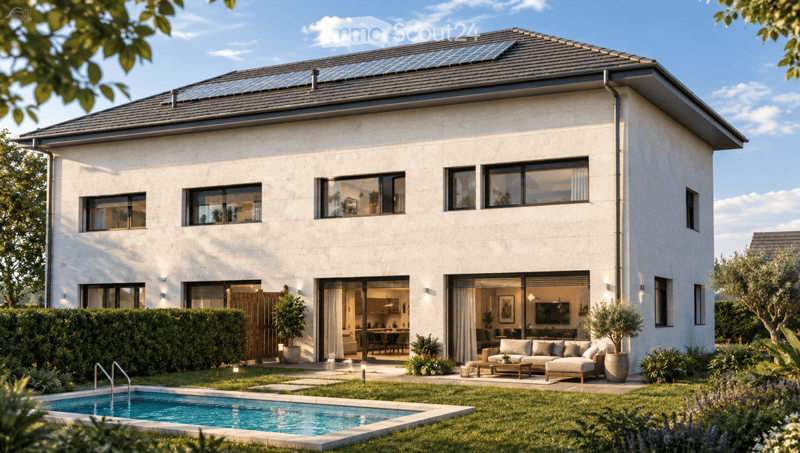 Modern two-story house with a flat roof, large windows, and solar panels. Features a swimming pool in the front yard, surrounded by a well-maintained garden with various plants and trees.