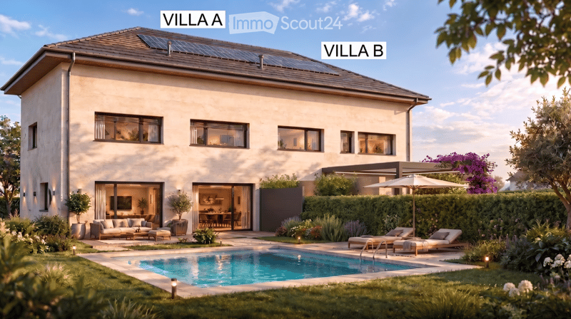 Two-story modern villa with solar panels, large windows, spacious living and dining areas, and a swimming pool in the garden.
