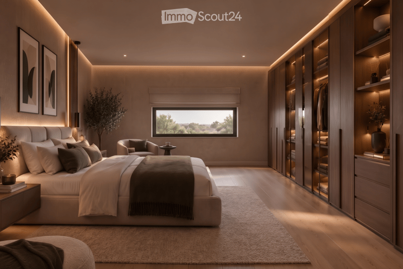 Modern bedroom with a large bed, nightstand, armchair, small table, large wardrobe with mirrored doors, and decorative plants.