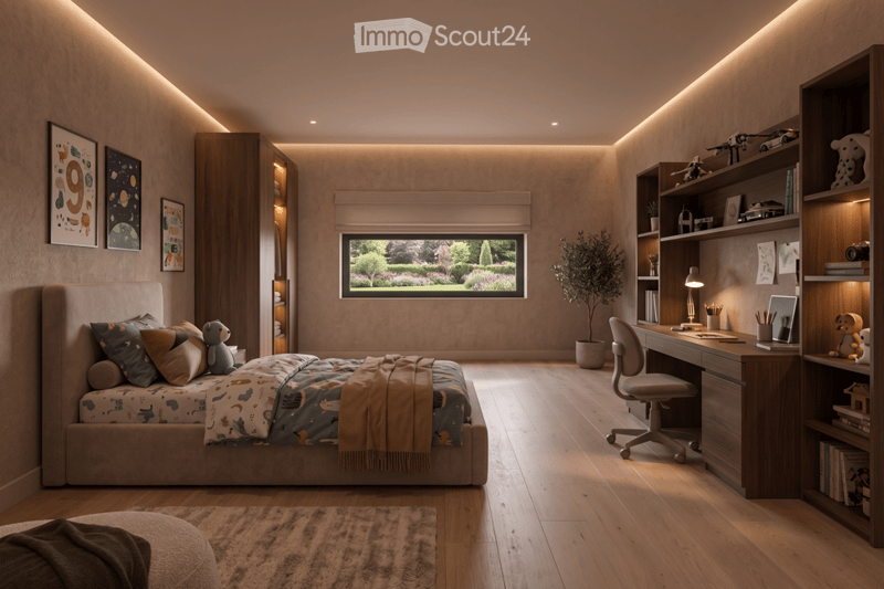 Modern bedroom with a large window offering a garden view, featuring a bed with colorful bedding, a desk with a chair, a bookshelf, and decorative artwork.