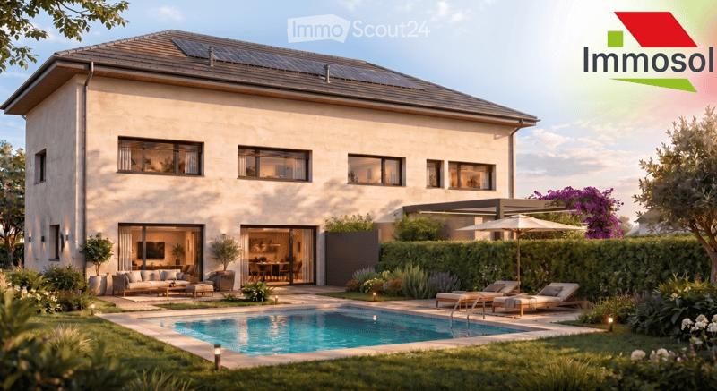 Modern two-story house with solar panels on the roof, large windows, and a spacious outdoor area featuring a swimming pool, lounge chairs, and a patio umbrella.