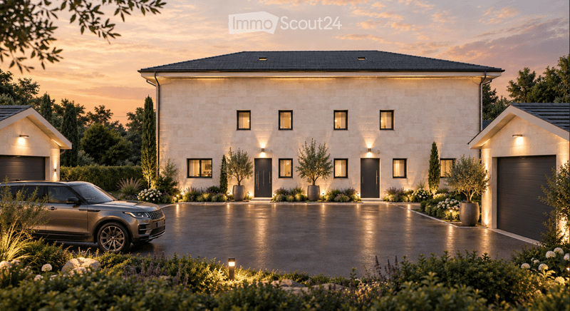 Modern two-story house with beige stone facade, large windows, and well-lit entrance. Features include a spacious driveway, two garages, and landscaped garden with trees and shrubs.