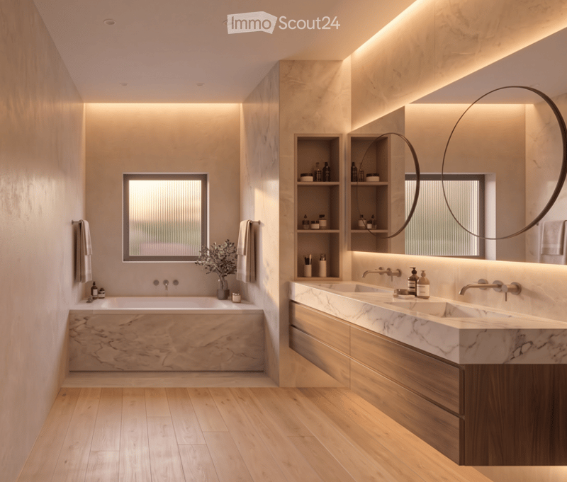Modern bathroom with a large window, marble bathtub, double sink vanity with wooden cabinets, large round mirror, and built-in shelving.
