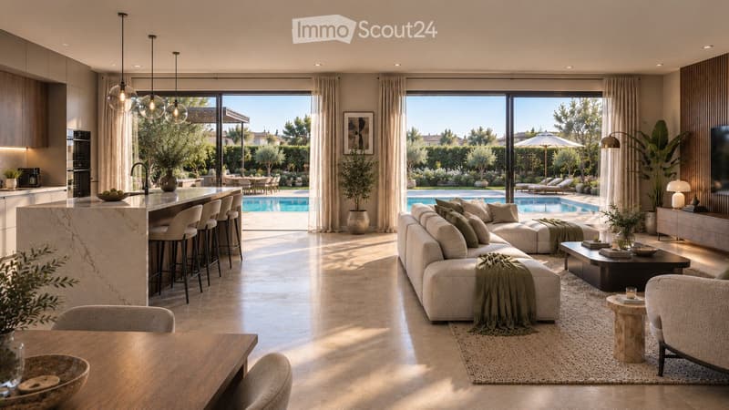 Modern open-plan living and dining area with a large sectional sofa, coffee table, bar counter, and kitchen island. Large windows offer a view of a swimming pool and garden.