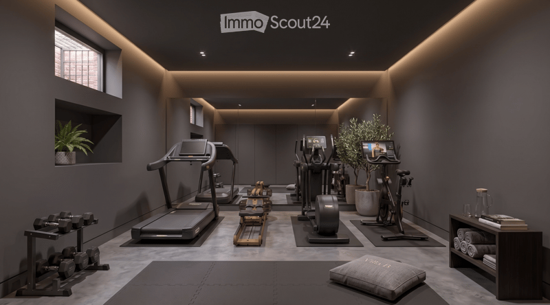 Modern, well-lit home gym with a treadmill, elliptical machine, weights, yoga mat, and a small table with books and towels. Potted plants add a touch of greenery.
