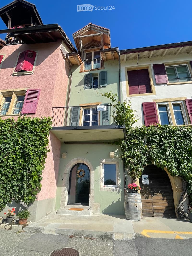A charming multi-story house with pastel-colored facades, wooden shutters, and a balcony adorned with greenery and flowers. The entrance features a stone archway and a barrel planter.