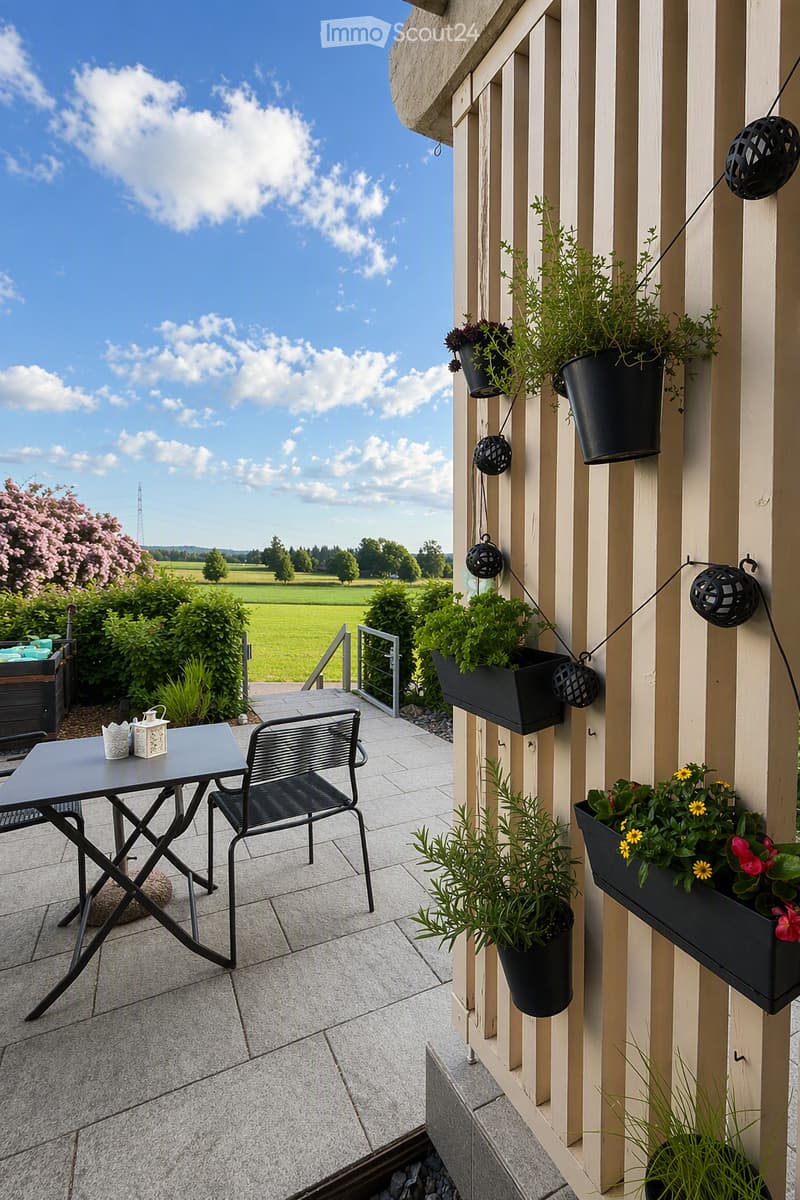 Balcony with a small table, chair, and several potted plants, overlooking a green field and distant landscape.