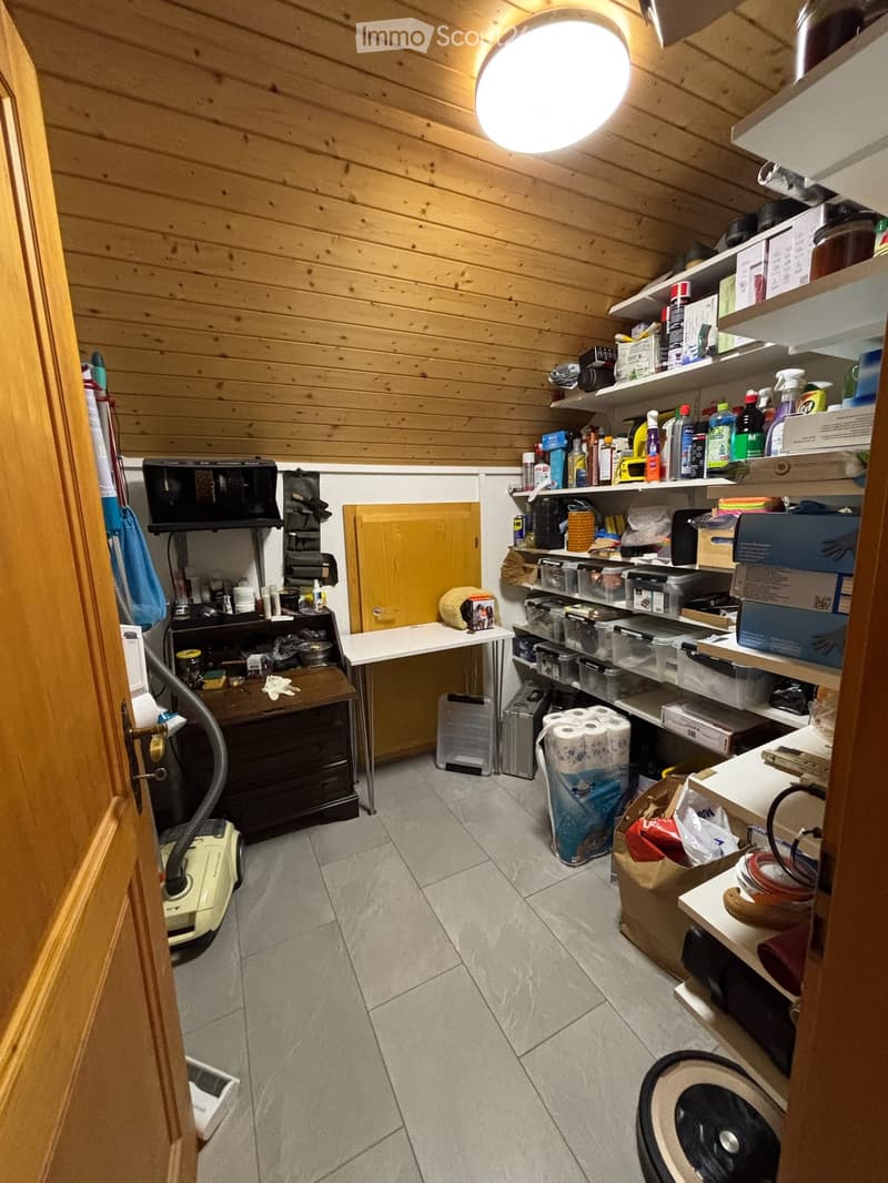 A well-organized utility room with wooden walls and ceiling, featuring shelves filled with cleaning supplies, storage bins, and various household items. A small table and chair are positioned near the center, and a vacuum cleaner is placed on the floor.