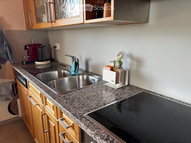 Modern kitchen with granite countertops, stainless steel sink, induction stove, wooden cabinets, and a coffee maker on the counter.
