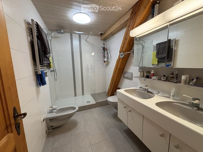 Modern bathroom with a double sink, toilet, shower, and a separate bathtub area. Features include a large mirror, towel rack, and built-in storage cabinets.