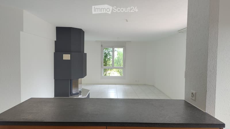 Empty room with white walls, tiled floor, and a window with a view of greenery. Features a built-in fireplace and a countertop.