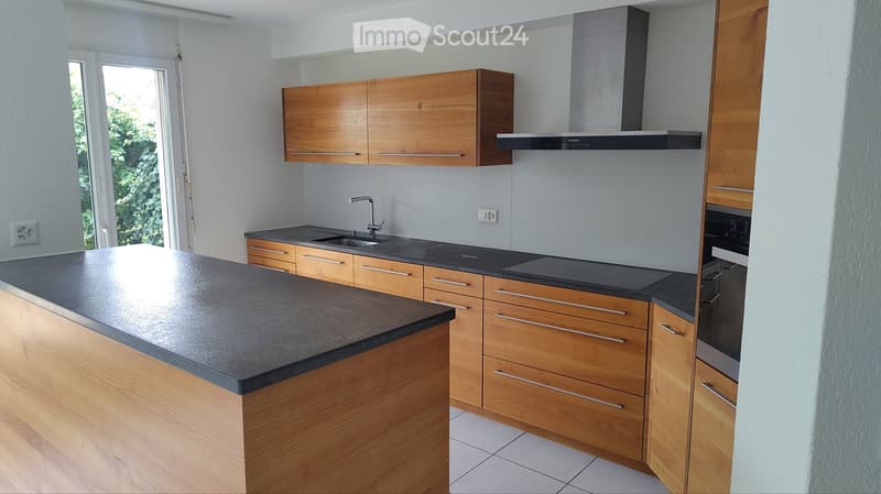 Modern kitchen with wooden cabinets, black countertops, stainless steel sink, and built-in oven. Features a central island with a black countertop and ample storage space.