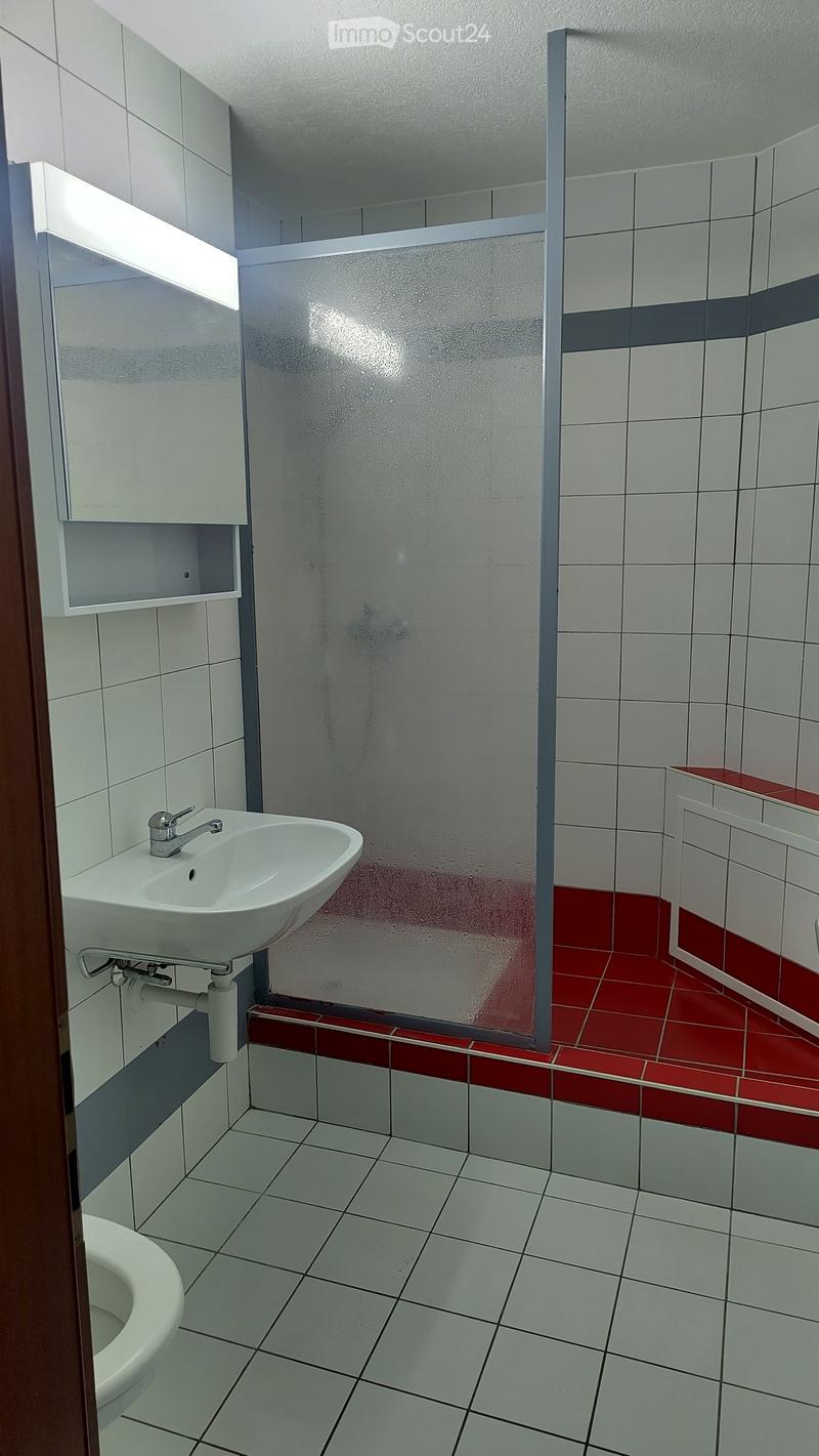 Modern bathroom with white tiles, red accent border, a toilet, a sink with a chrome faucet, and a glass-enclosed shower stall.