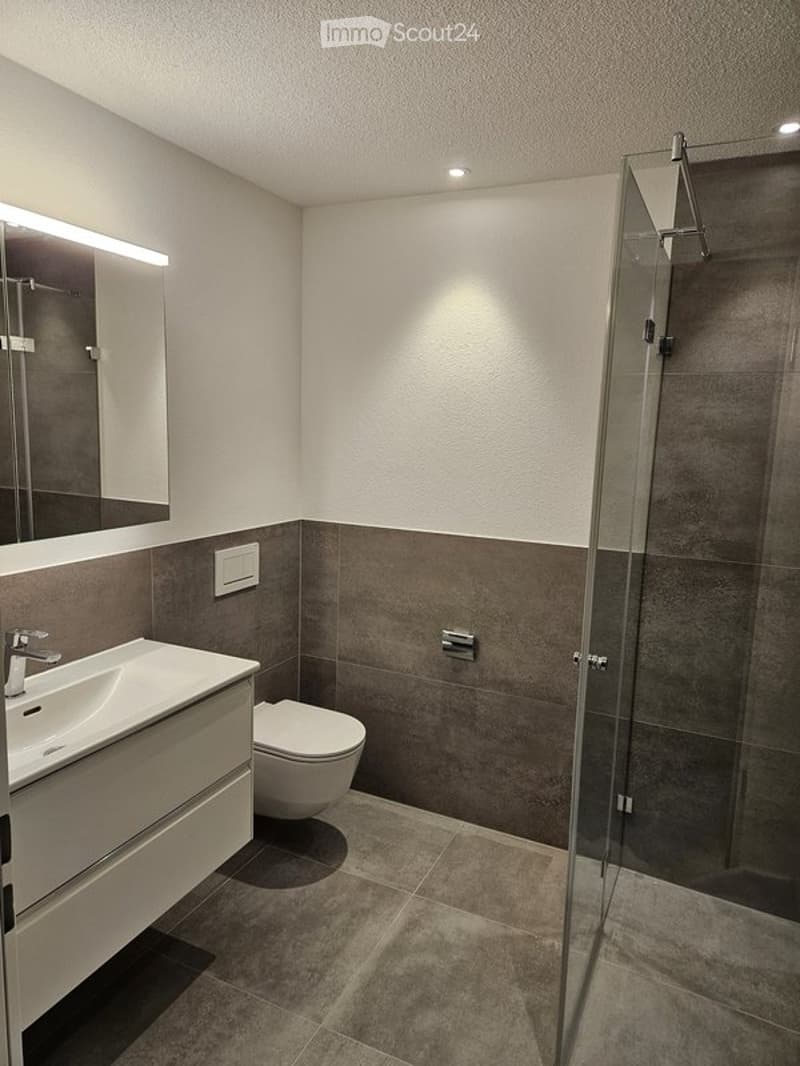 Modern bathroom with a white sink, toilet, large mirror, and glass-enclosed shower. The walls are tiled in a two-tone design with gray lower tiles and white upper tiles.