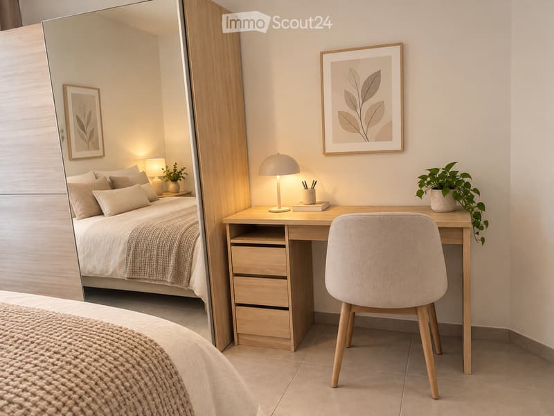 Modern bedroom with a neatly made bed, a wooden desk with a chair, a lamp, a mirror, and decorative artwork on the walls.