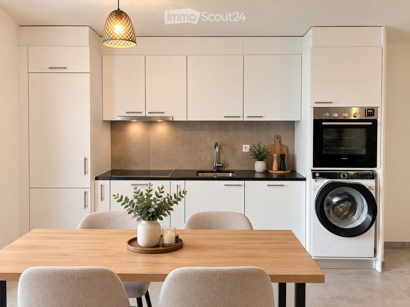 Modern kitchen with white cabinets, a wooden dining table with four chairs, a pendant light, a sink with a faucet, an oven, a washing machine, and decorative items including a vase with greenery and a candle.