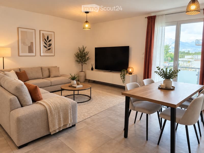 Modern living and dining area with a large window offering a scenic view, featuring a beige sectional sofa, a round coffee table, a wooden dining table with chairs, a flat-screen TV, and decorative elements including lamps and artwork.