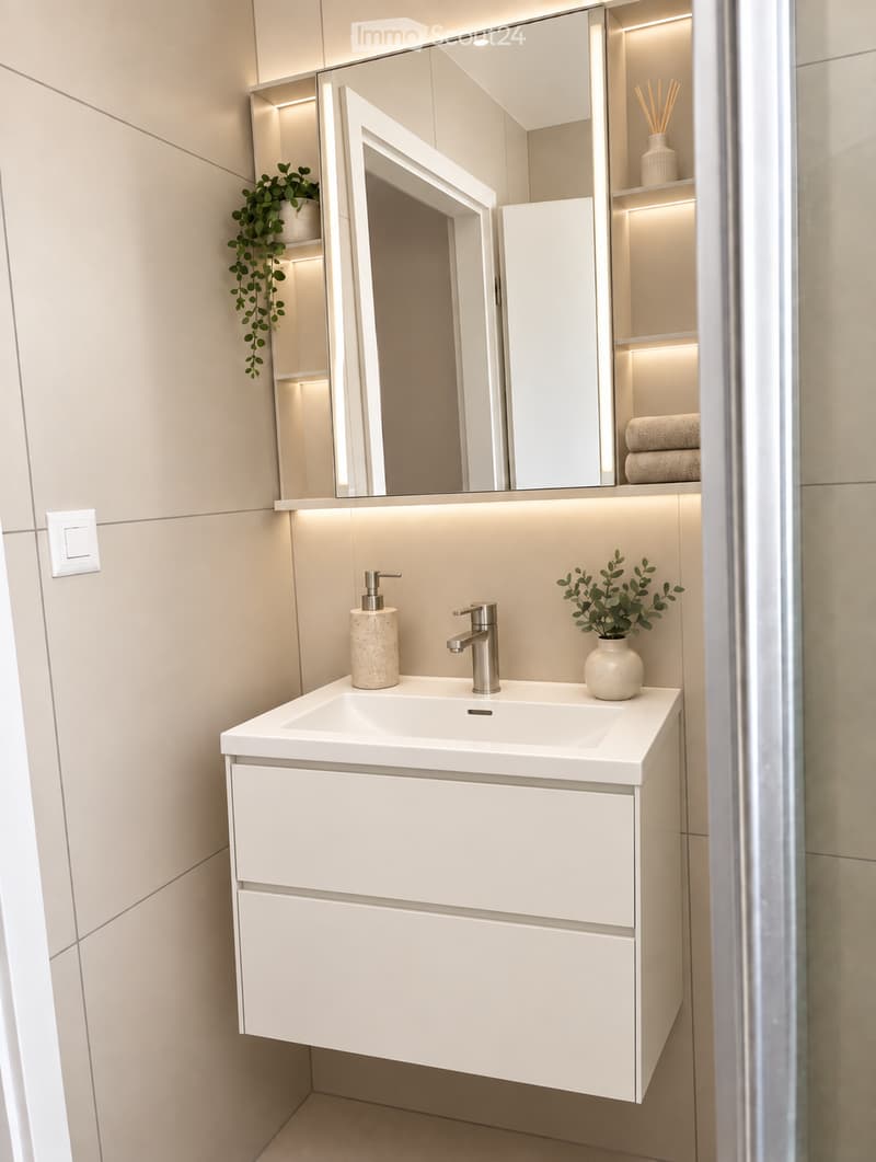 Modern bathroom with a white sink, sleek faucet, large mirror with built-in lighting, and a cabinet below. Two small vases with greenery are placed on the sink counter.