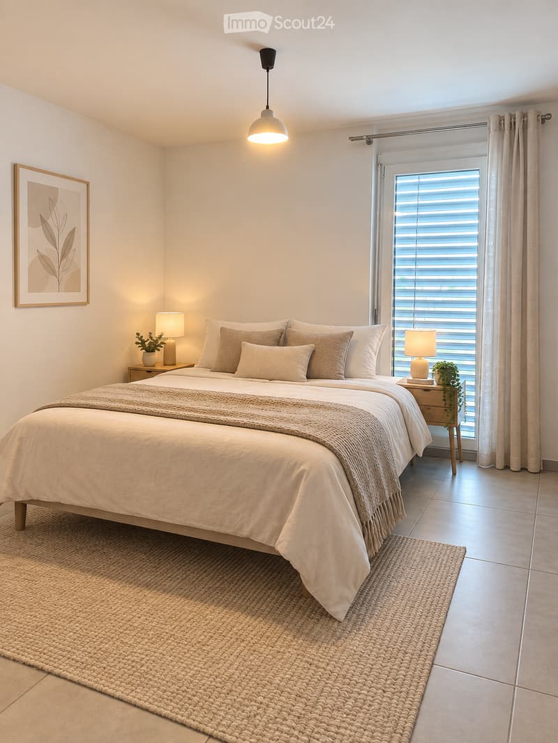 A modern bedroom with a large bed, nightstands, lamps, a picture frame, and a woven rug.