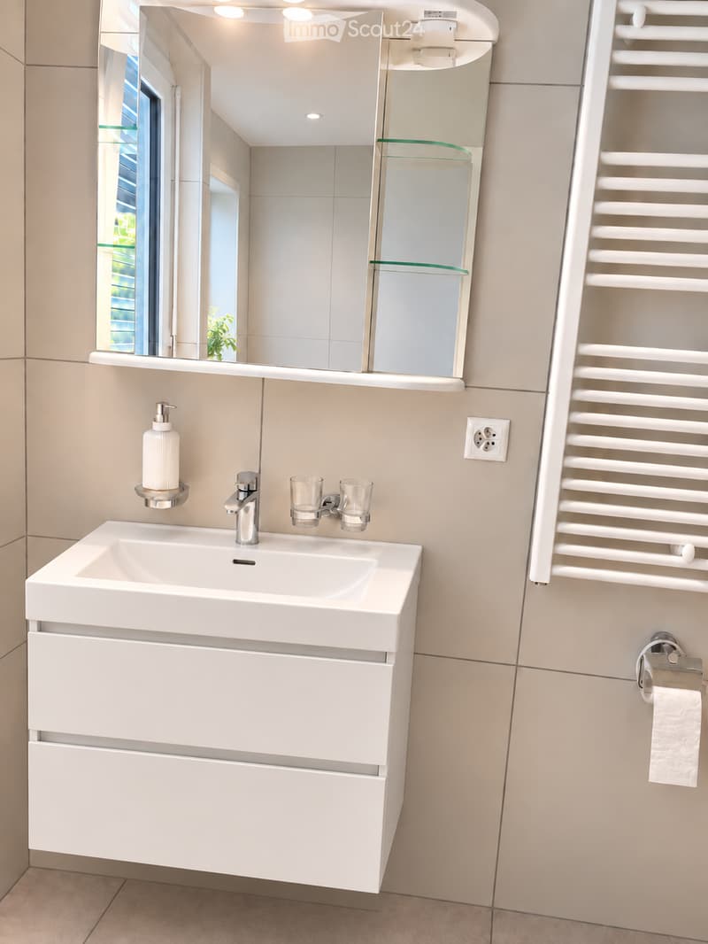 Modern bathroom with a white sink, chrome faucet, two cups, a large mirror, a soap dispenser, a radiator, and a toilet paper holder.