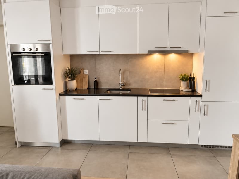 Modern kitchen with white cabinets, stainless steel oven, black countertop, sink, and small decorative items.