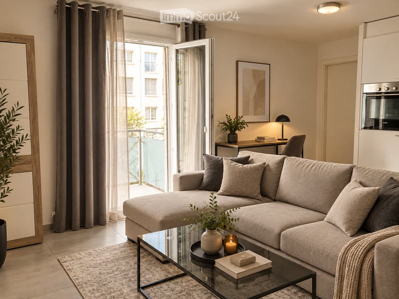 Modern living room with a grey sectional sofa, glass coffee table, table lamp, and a balcony view.