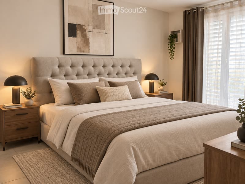 Modern bedroom with a large upholstered headboard bed, nightstands with lamps, decorative plants, and a framed artwork on the wall.